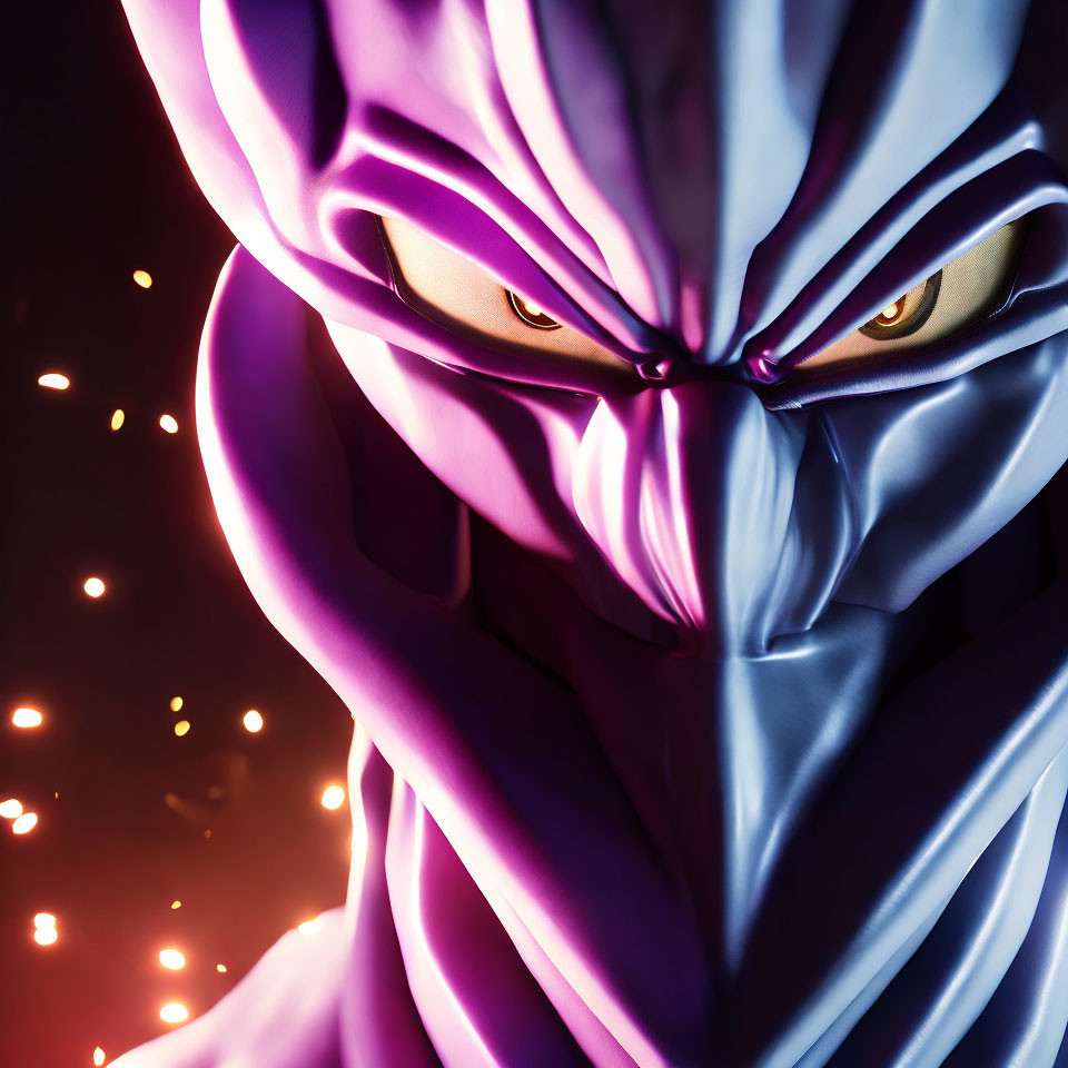 Stylized animated character with purple and blue mask and glowing eyes