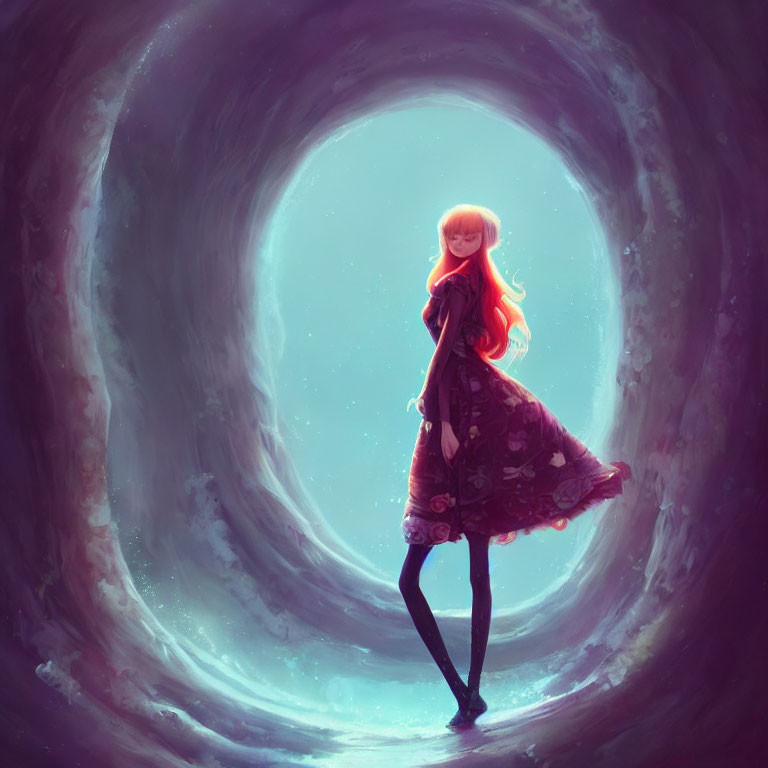 Red-haired girl in dark dress in surreal tunnel with luminous entrance