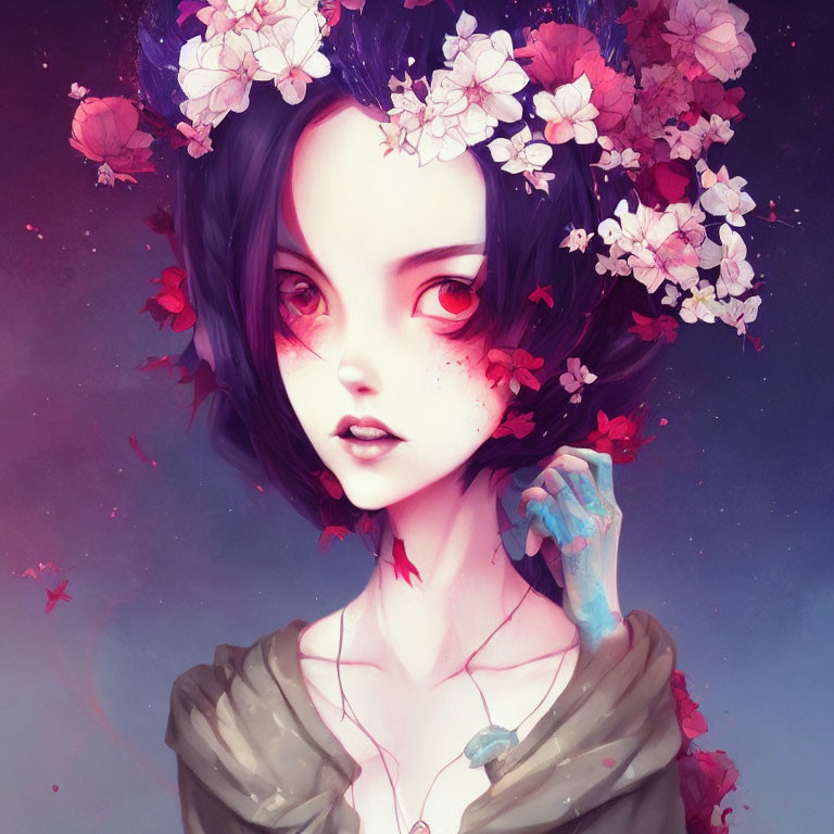 Illustrated female with dark hair, pink flowers, red eyes, and supernatural aura on purple backdrop