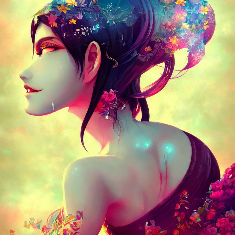 Vibrant female figure illustration with floral hair, glowing cheeks, and whimsical aura