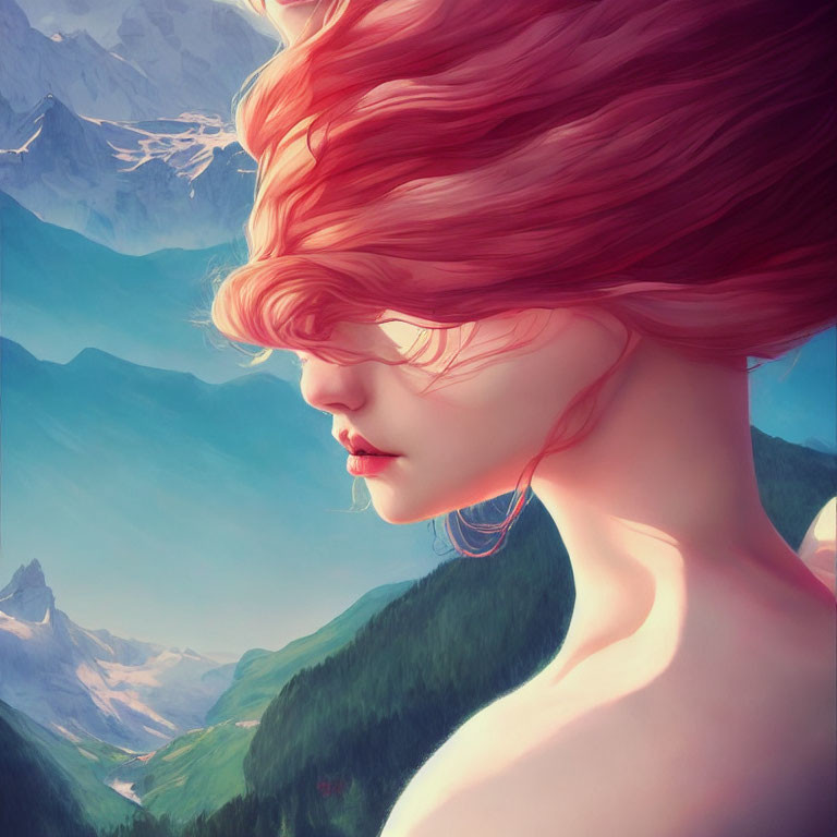 Illustration of woman with pink hair against mountain backdrop
