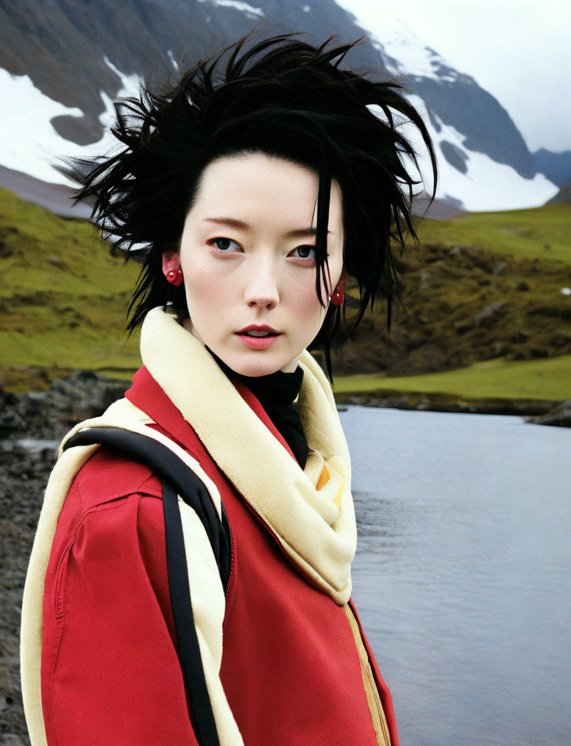 Person with Black Hair Standing by Lake with Mountains, Wearing Red Jacket and Yellow Scarf