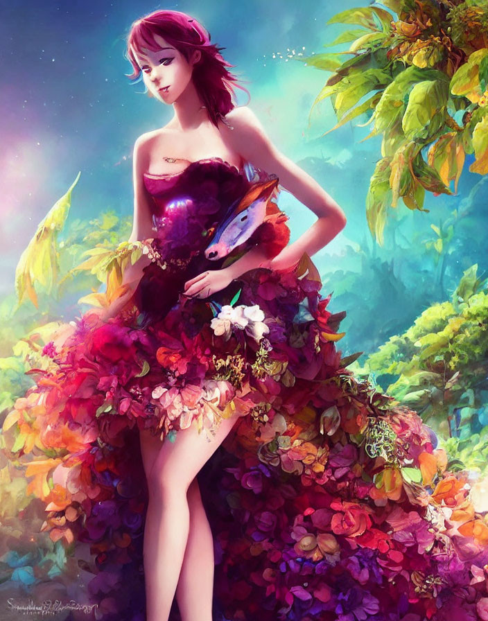 Vibrant floral dress woman in magical forest with palette