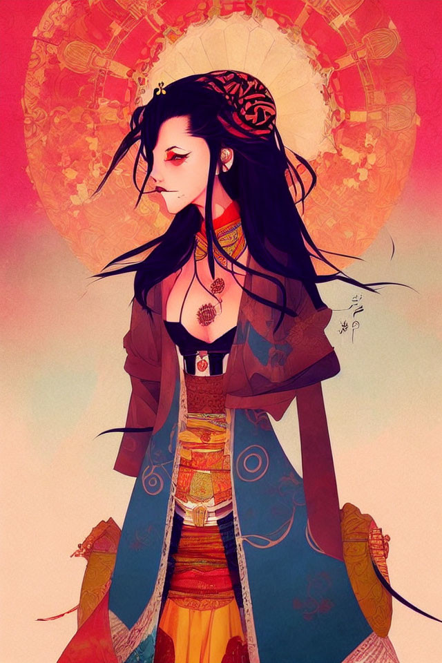 Illustration of female figure in traditional Asian attire with dark hair and red circle