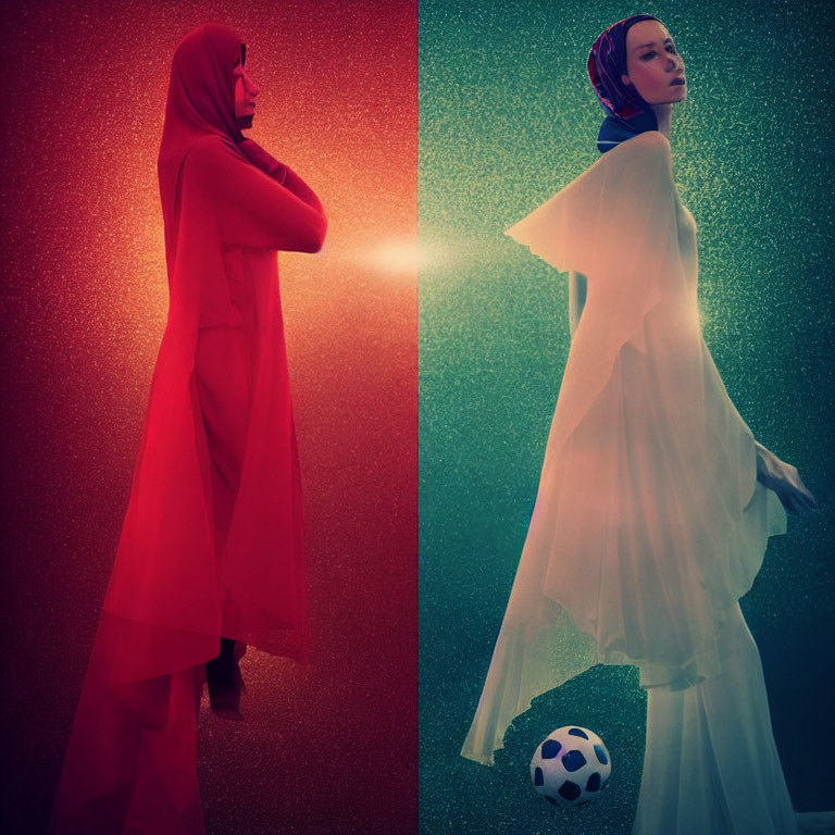 Stylized images of woman in flowing red and white garments with sparkly background and soccer ball