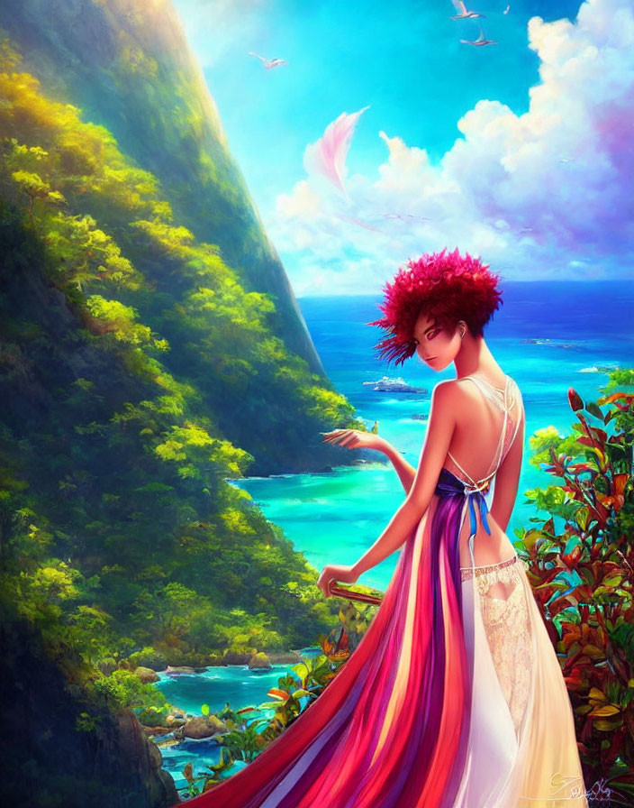 Woman in flowing dress by vibrant tropical landscape with sea, foliage, and bird.