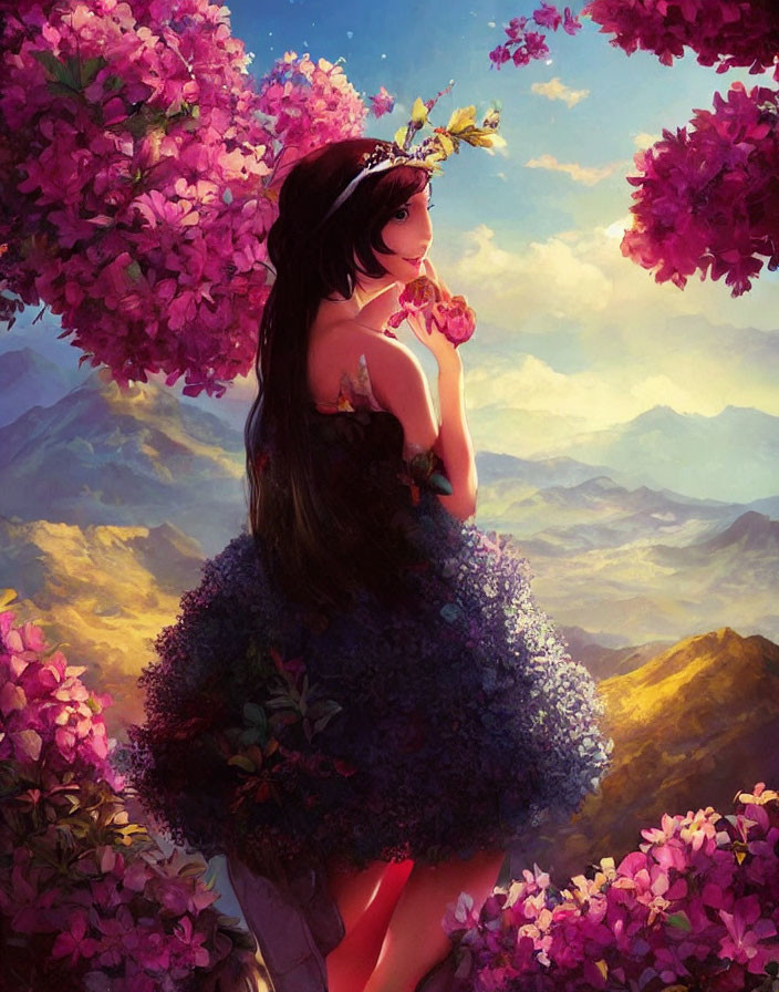 Woman in floral dress surrounded by vibrant flowers in sunny mountain landscape