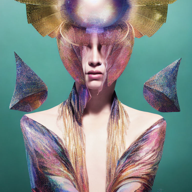 Futuristic portrait with iridescent clothing and cosmic elements