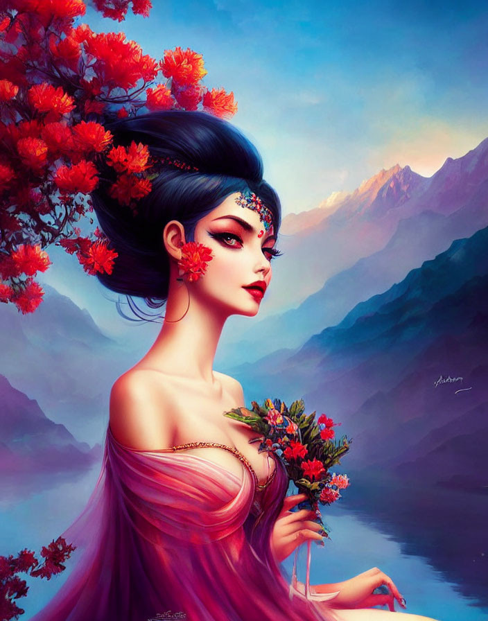 Woman with flower-filled hair in pink dress holding bouquet against mountain backdrop