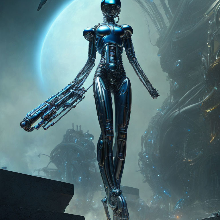Futuristic humanoid robot with metallic body and gun in sci-fi cityscape