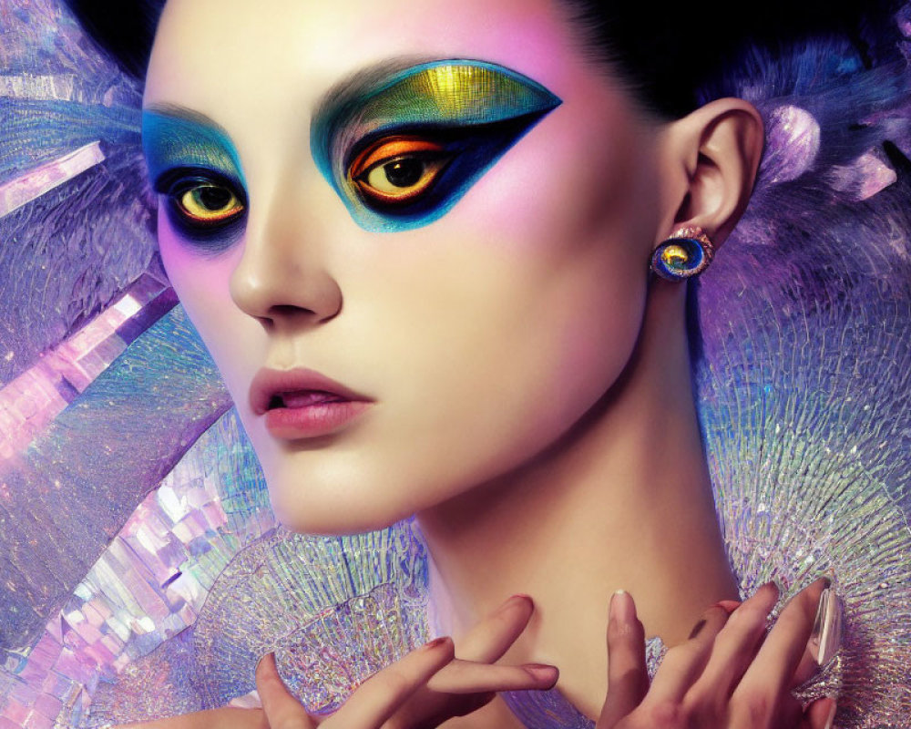Vibrant multicolored makeup on woman in digital art portrait