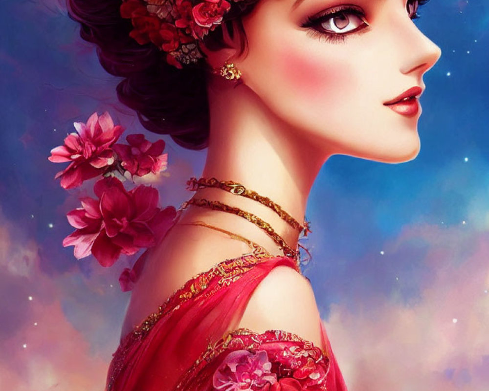 Illustrated portrait of woman in floral headpiece, red attire, and jewelry against starry sky.