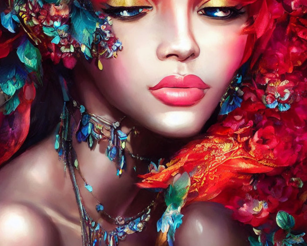 Vibrant red headwear and makeup with colorful flowers and jewelry on a woman.