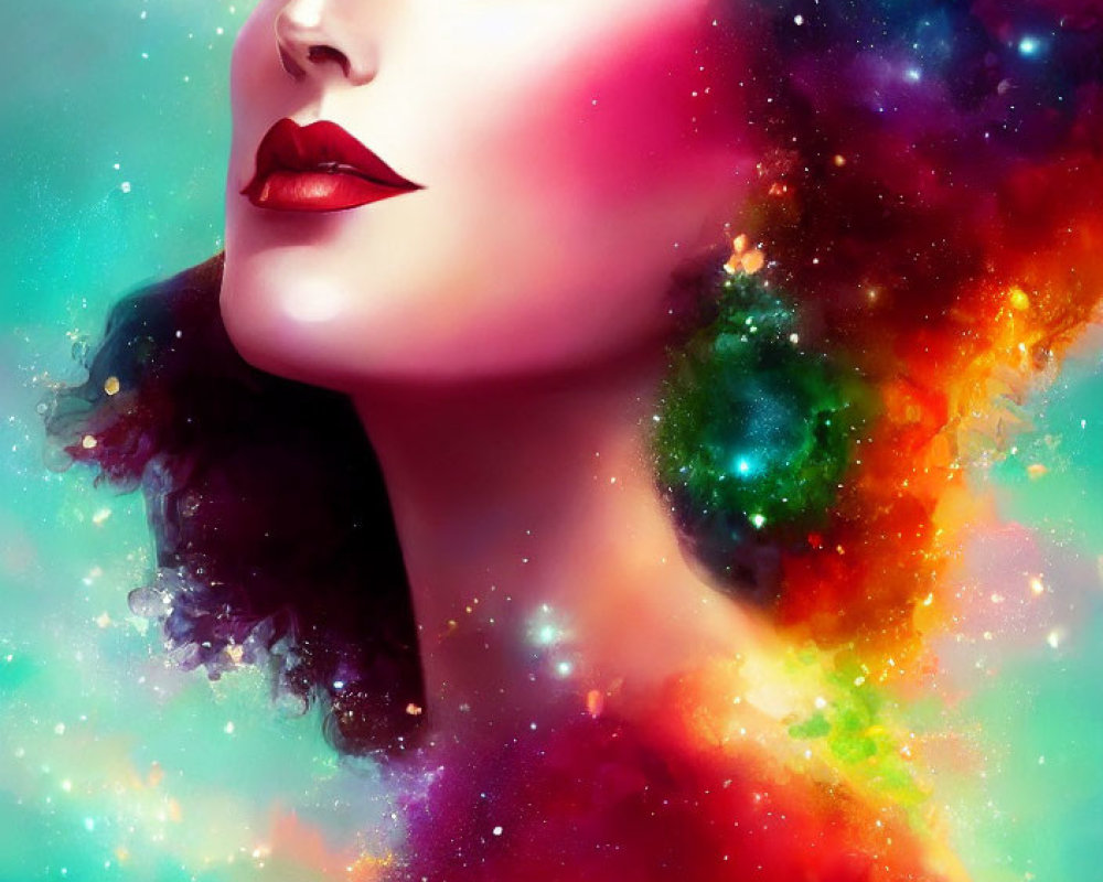 Colorful digital portrait of a woman with cosmic starfield hair and rich colors.