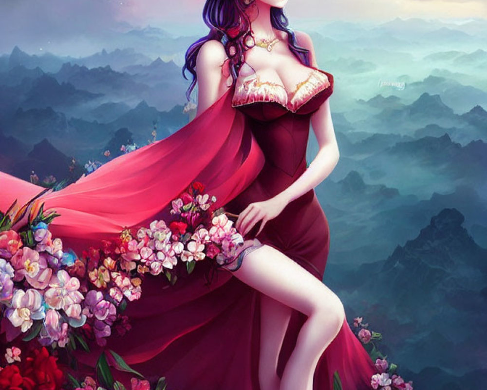 Violet-haired woman in red dress with flower crown in lush mountain landscape