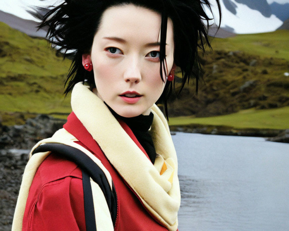 Person with Black Hair Standing by Lake with Mountains, Wearing Red Jacket and Yellow Scarf