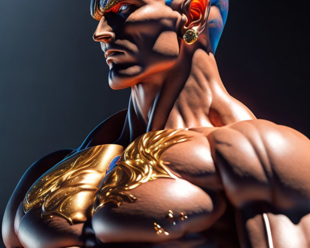 Muscular character in golden armor with spiky hair on dark background