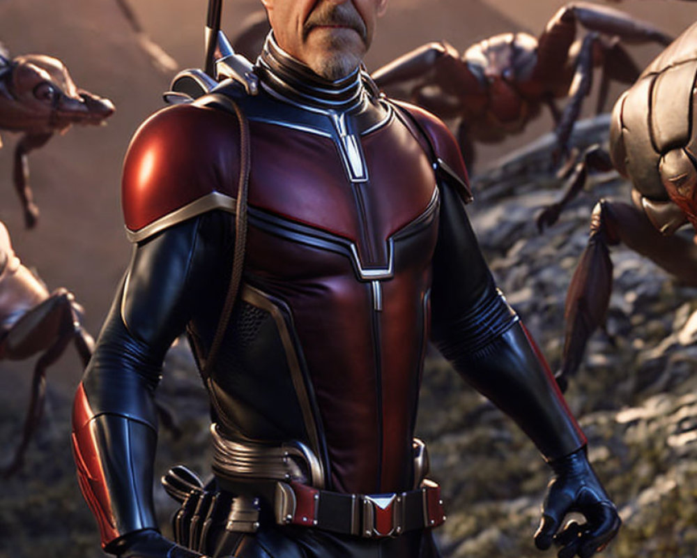 Male superhero in red and black suit with helmet, surrounded by alien creatures and dusky sky