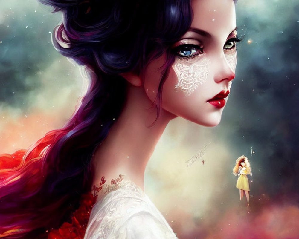 Vibrant digital artwork featuring a woman with purple hair and intricate tattoos, set in a dreamy