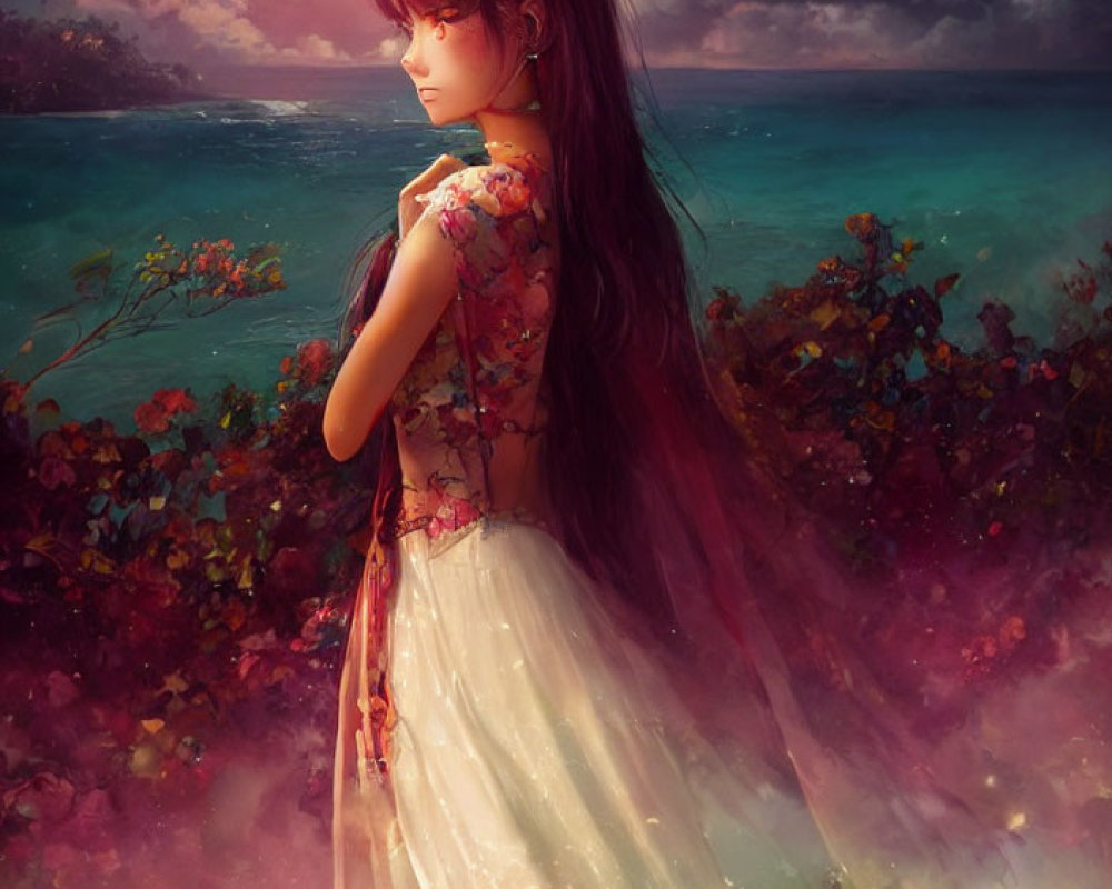 Illustrated girl with long hair in floral top against ocean sunset.