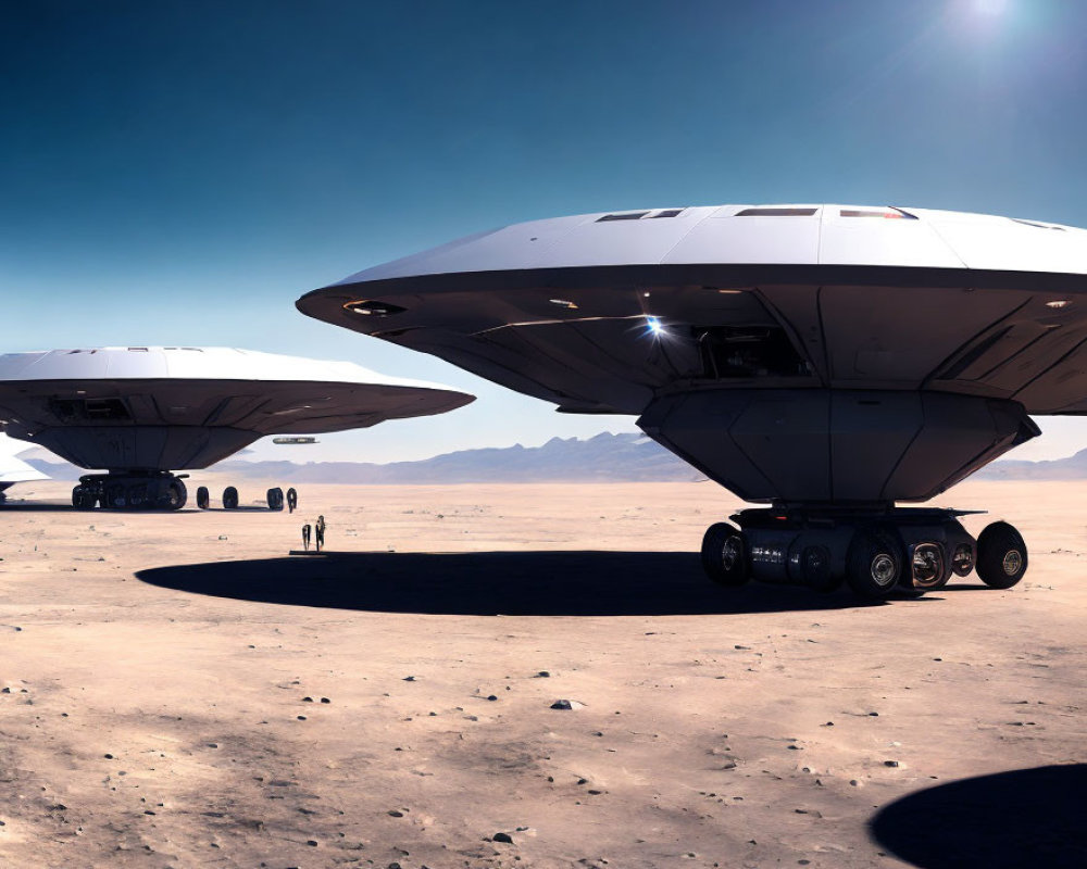 Saucer-shaped spacecraft on desert landscape with wheeled landing gear