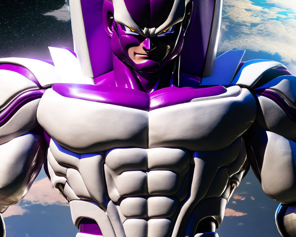 Detailed close-up of 3D animated character in purple and white armor with Earth and space backdrop