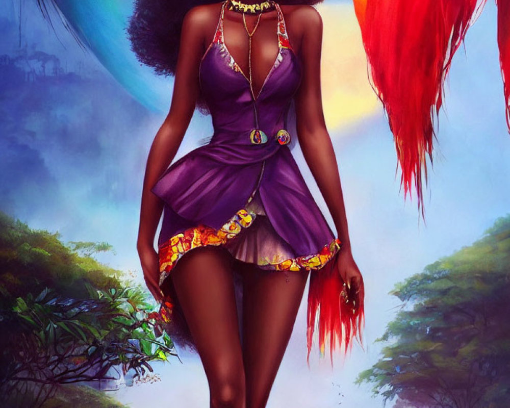 Digital artwork: Woman with voluminous hair in purple dress, gold jewelry, mystical forest backdrop.