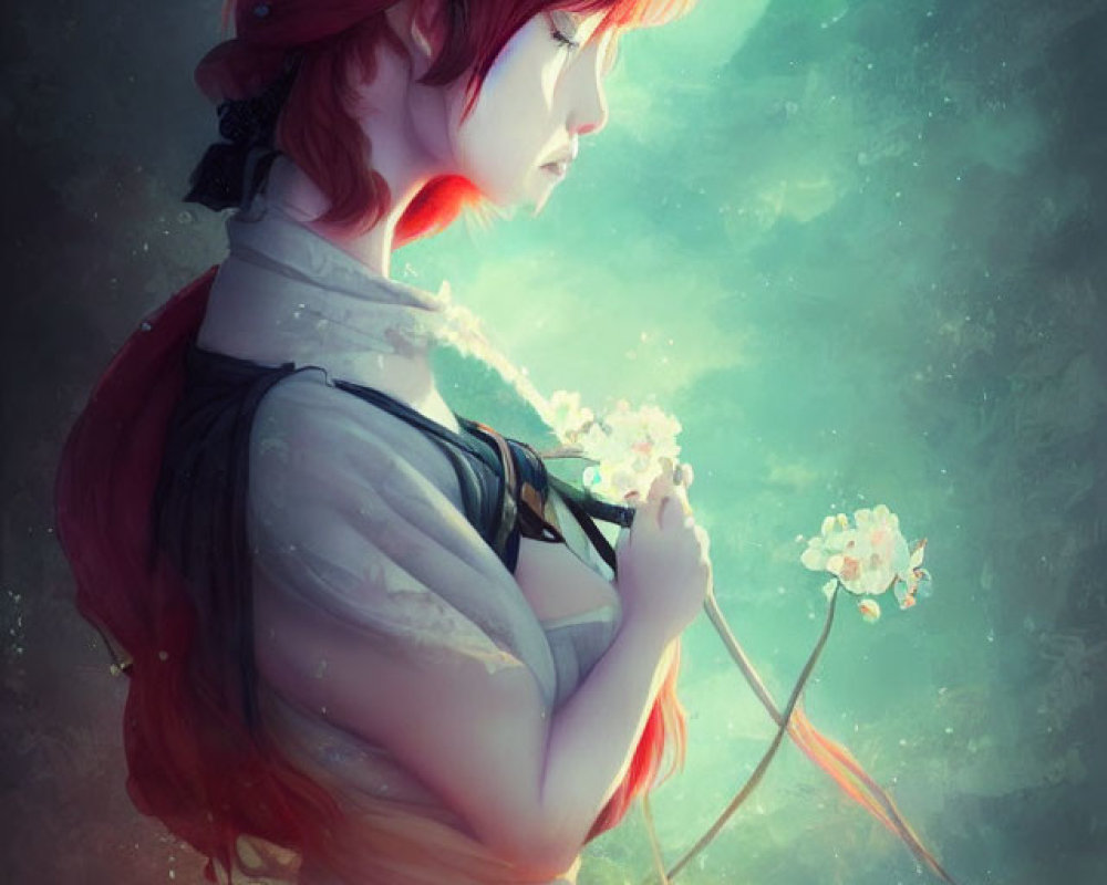 Red-haired girl with flowers in hair holding branch in dreamy setting