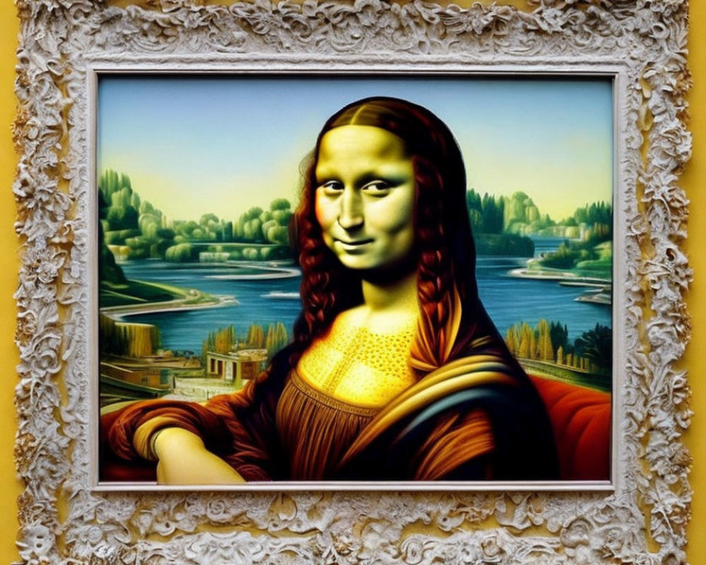 Stylized Mona Lisa with braided hair in ornate frame against river landscape