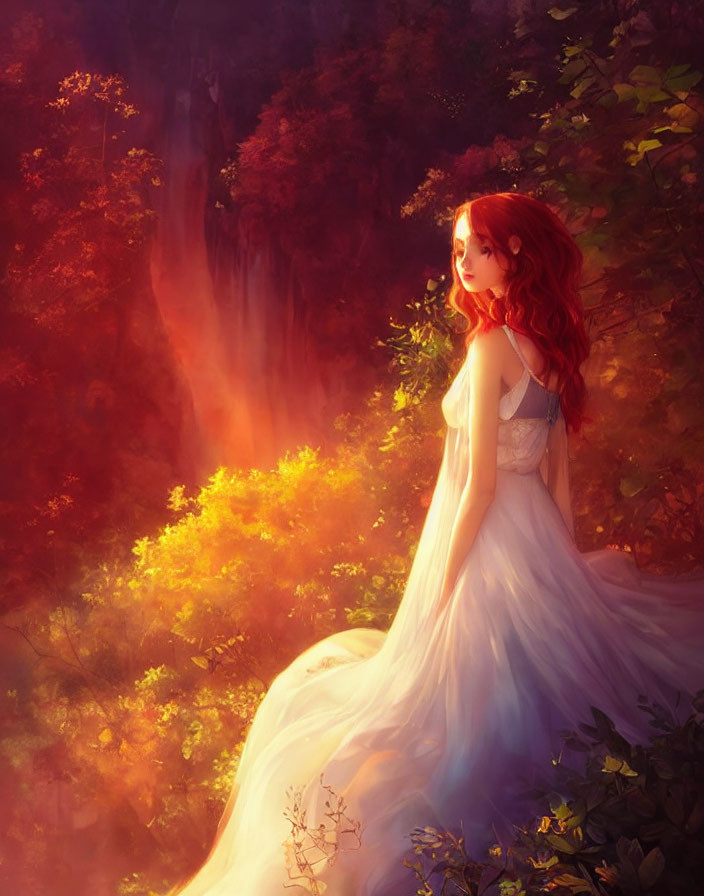 Red-haired woman in white gown in sunlit forest with waterfall