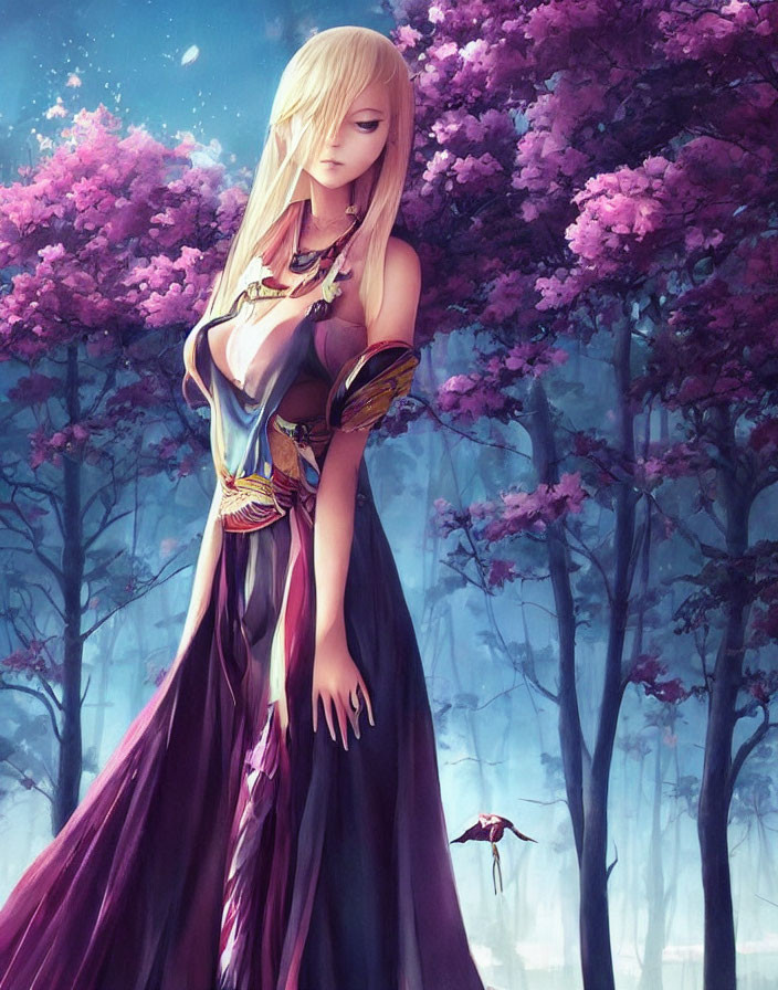Illustration of Female Character with Long Blond Hair in Purple Dress Among Pink-Flowered Trees