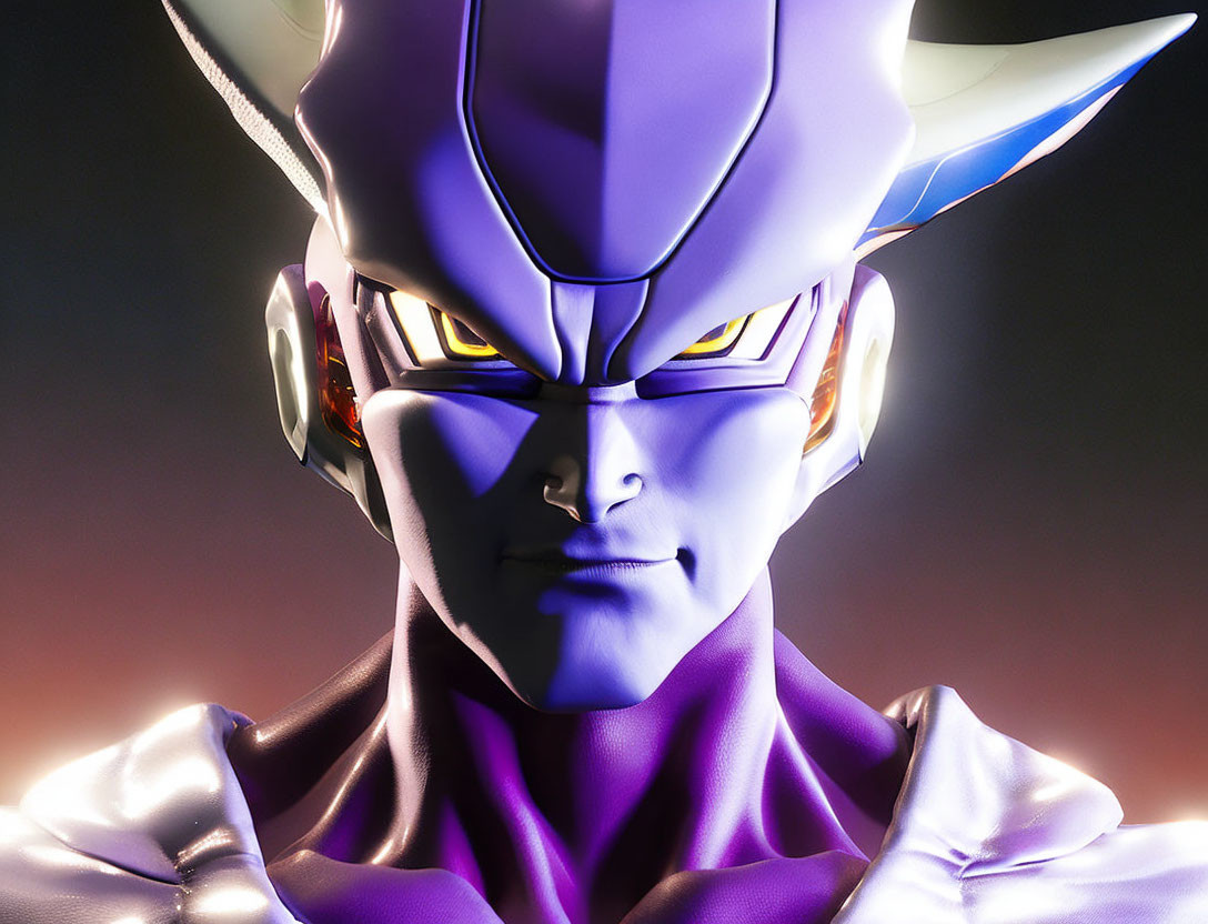 Purple-skinned 3D-rendered character in white armor with glowing orange eyes