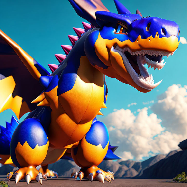 Colorful 3D Dragon Model with Blue and Yellow Scales on Rocky Terrain