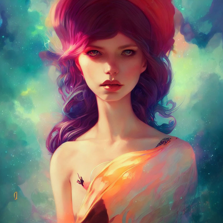 Vibrant digital illustration of woman with rainbow hair and butterfly on shoulder