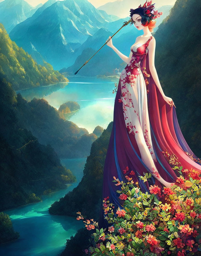 Animated woman in red floral dress by serene river in mountainous landscape