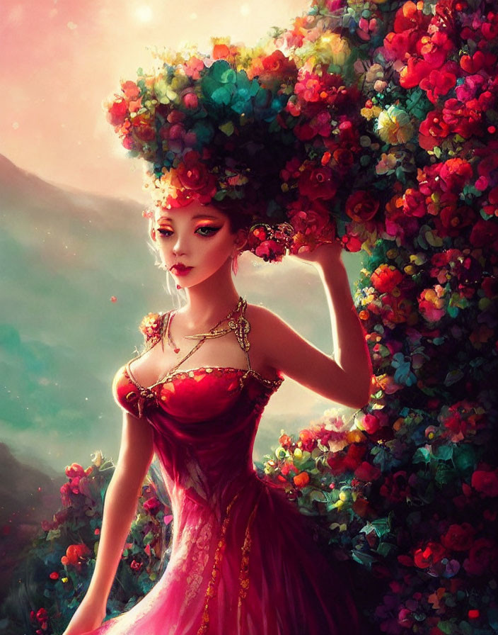 Woman in vibrant floral headdress and red gown among colorful flowers