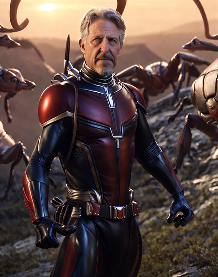 Male superhero in red and black suit with helmet, surrounded by alien creatures and dusky sky