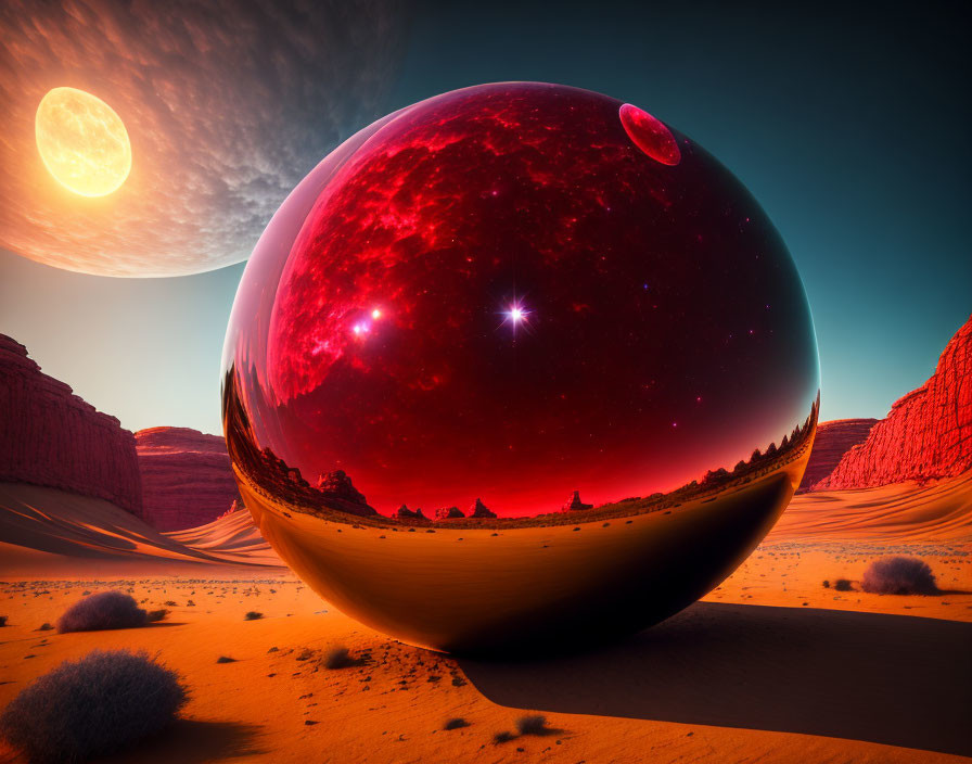 Surreal landscape with massive reflective sphere in desert sands