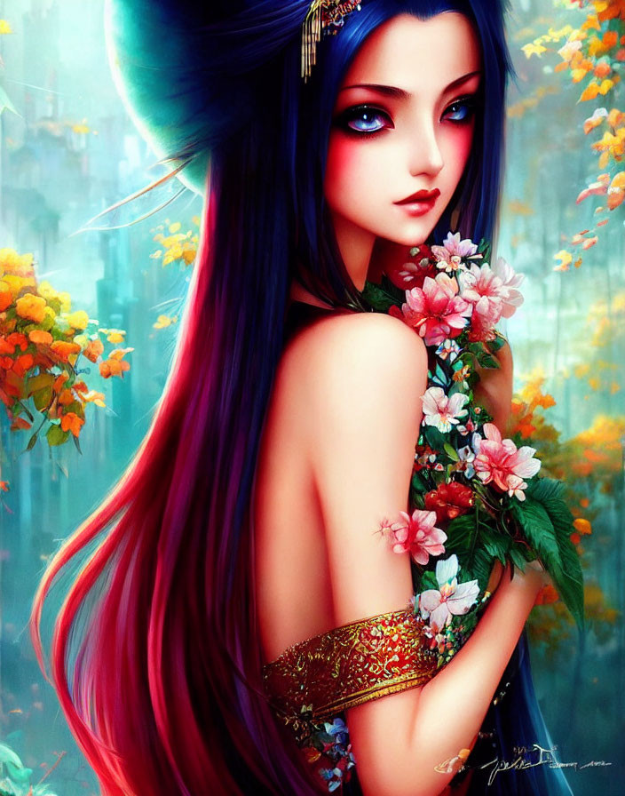 Colorful illustration of woman with blue and pink hair holding flowers against floral fantasy backdrop