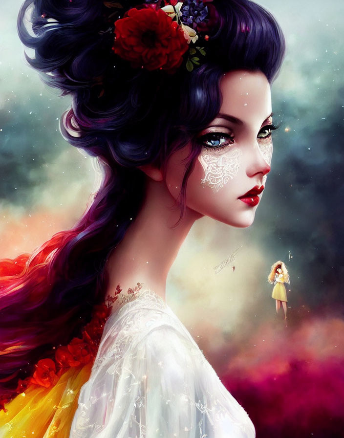 Vibrant digital artwork featuring a woman with purple hair and intricate tattoos, set in a dreamy