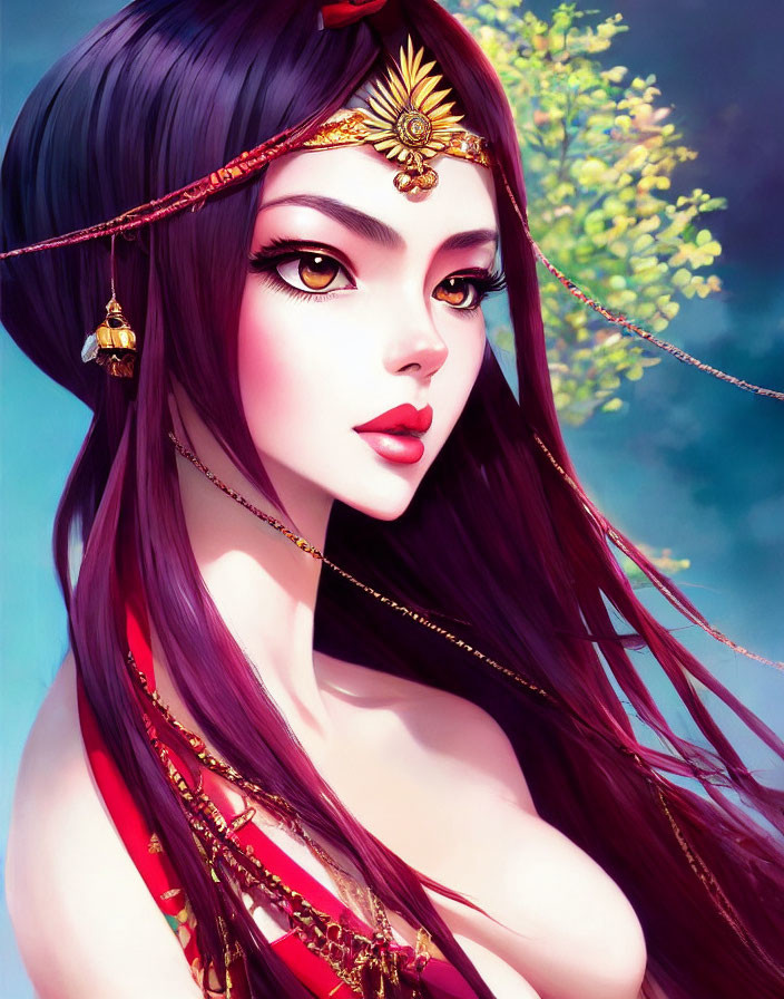 Illustrated female character with purple hair and golden headpiece on floral backdrop