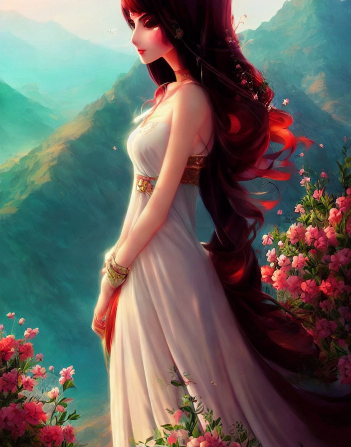 Digital Artwork: Woman with Flowing Hair Among Vibrant Flowers