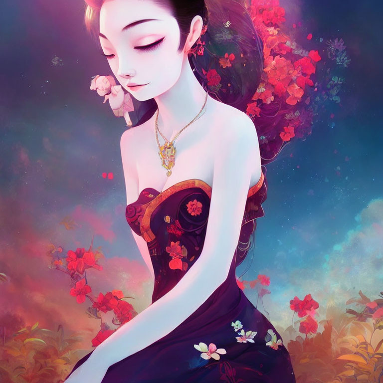 Illustration of woman with pale skin, black hair, floral dress, vibrant background