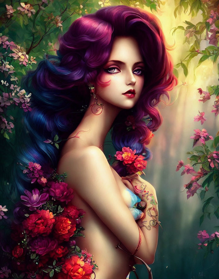 Vibrant purple and blue hair woman surrounded by flowers and foliage