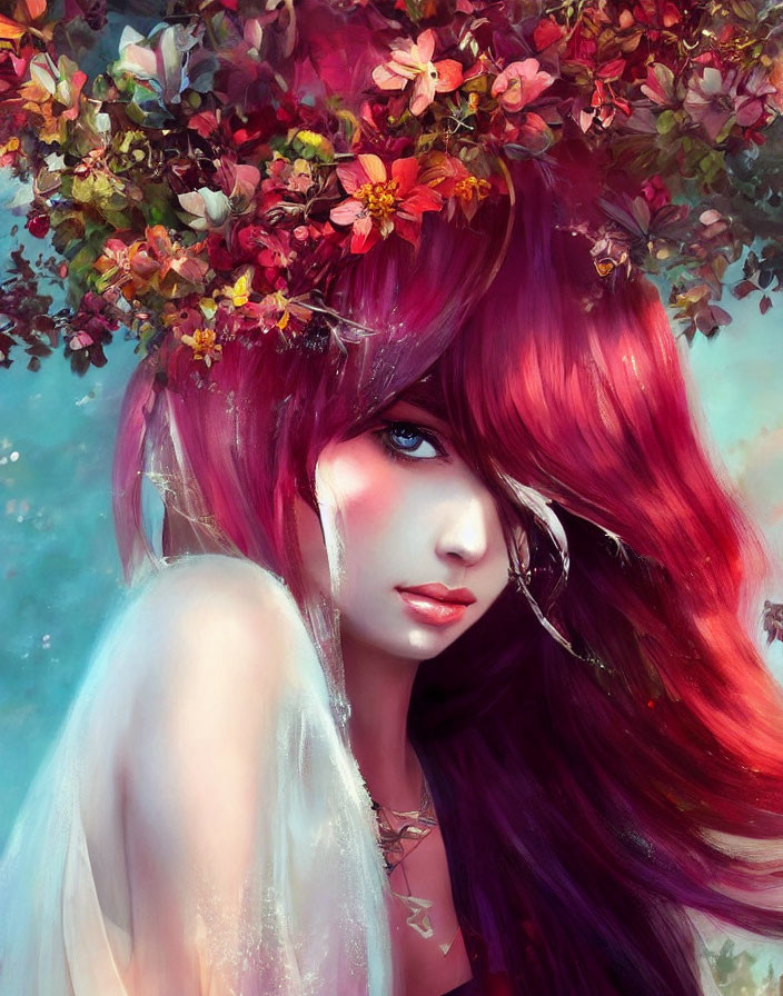 Mystical female figure with red hair and flower crown on blue background