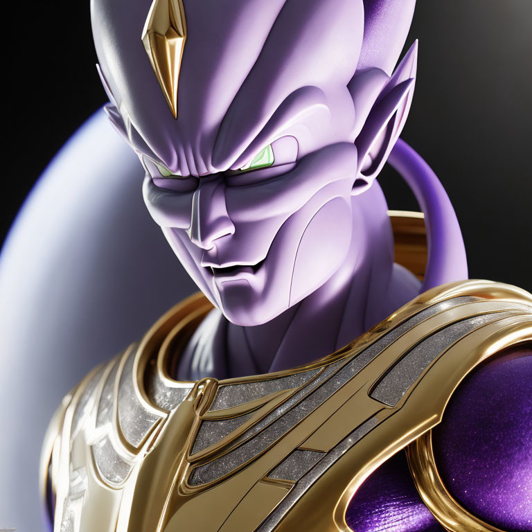 Purple-skinned animated character in golden and white armor with stern expression