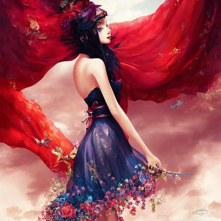 Illustration of woman in red cape and blue dress with flowers and butterflies