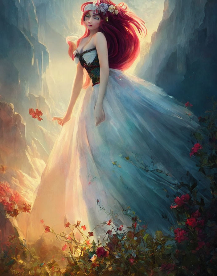 Fantasy Artwork: Woman with Red Hair in Pastel Gown in Mystical Forest