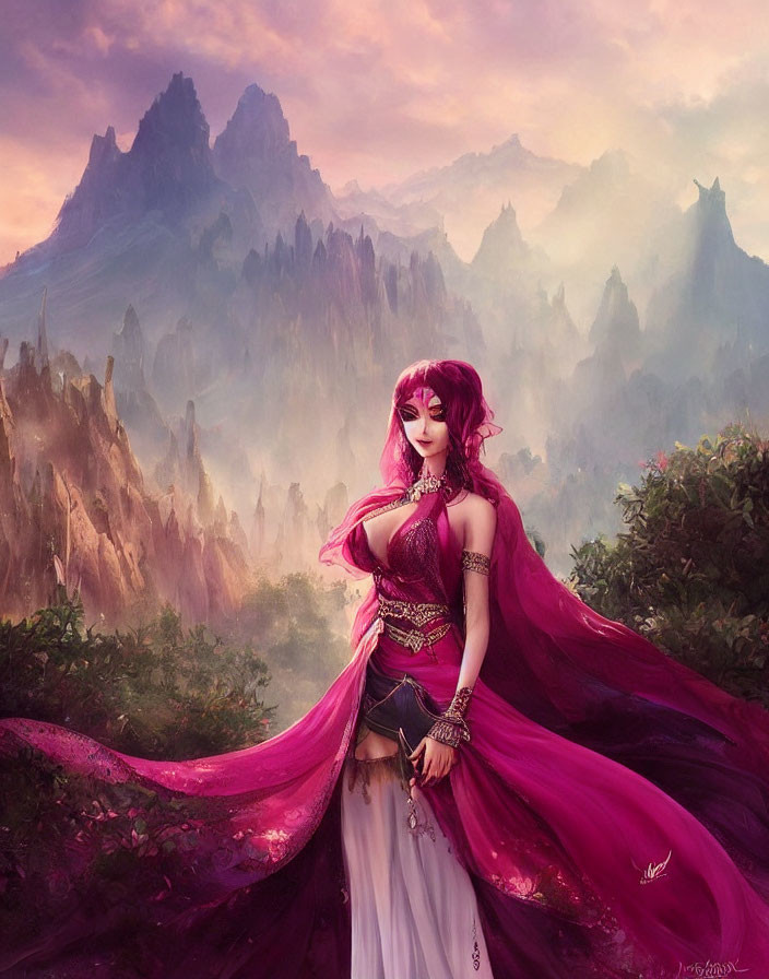 Fantasy scene: Woman in purple and white attire against mystical mountain landscape