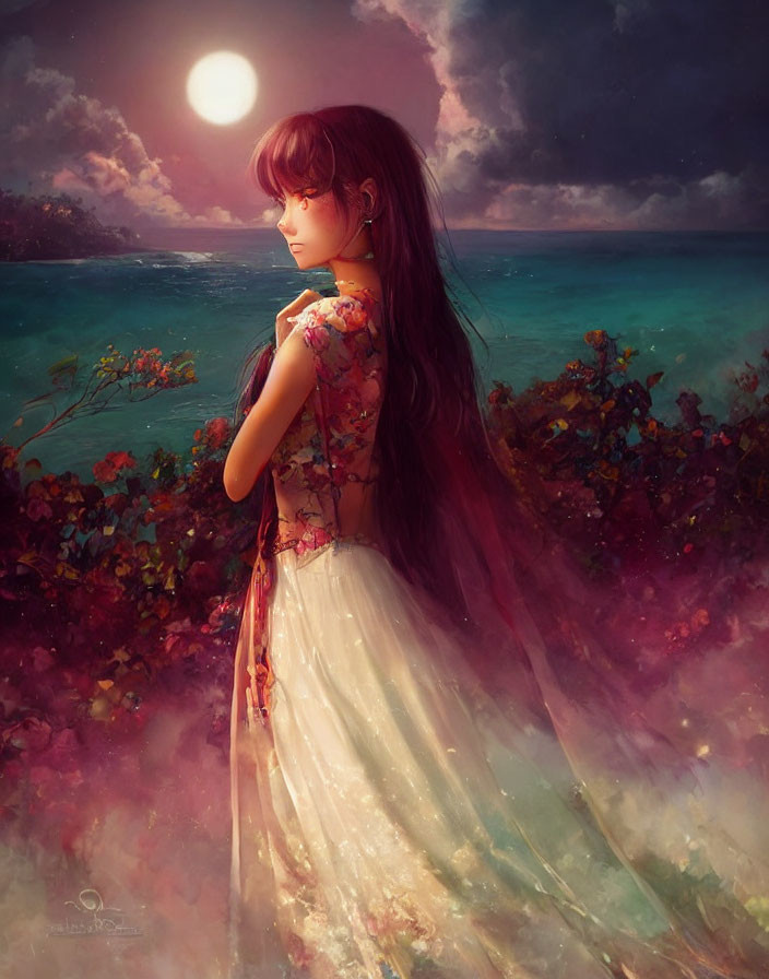 Illustrated girl with long hair in floral top against ocean sunset.
